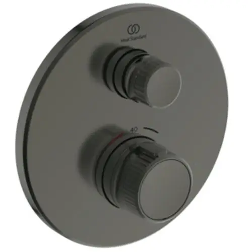 Brausethermostat von Ideal Standard in runder Form mit zwei Einstellknöpfen für Temperatur und Wasserfluss in Magnetic Grey.